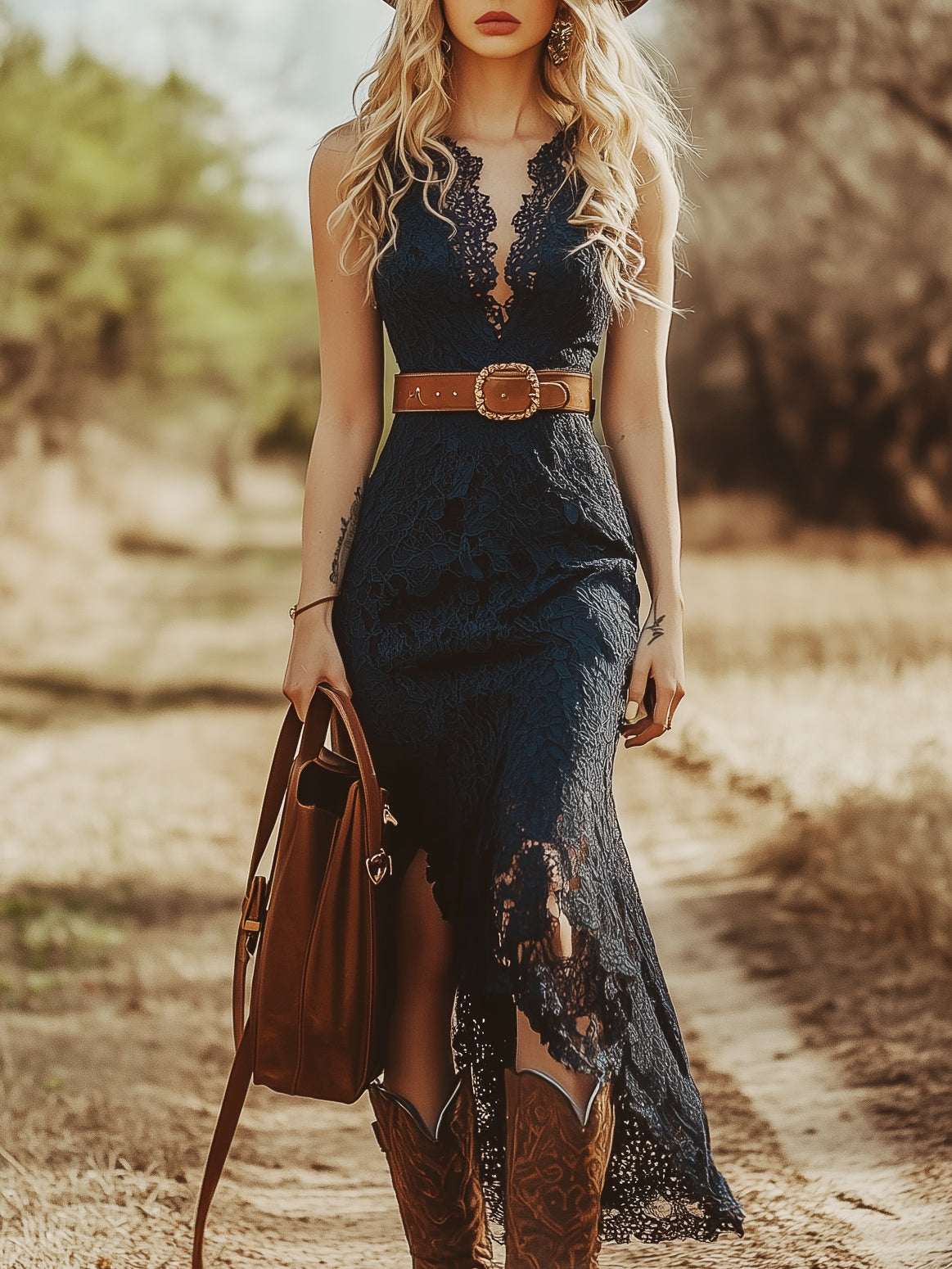 【Expédition en 24 heures】Robe midi sans manches en dentelle bleue bohème vintage