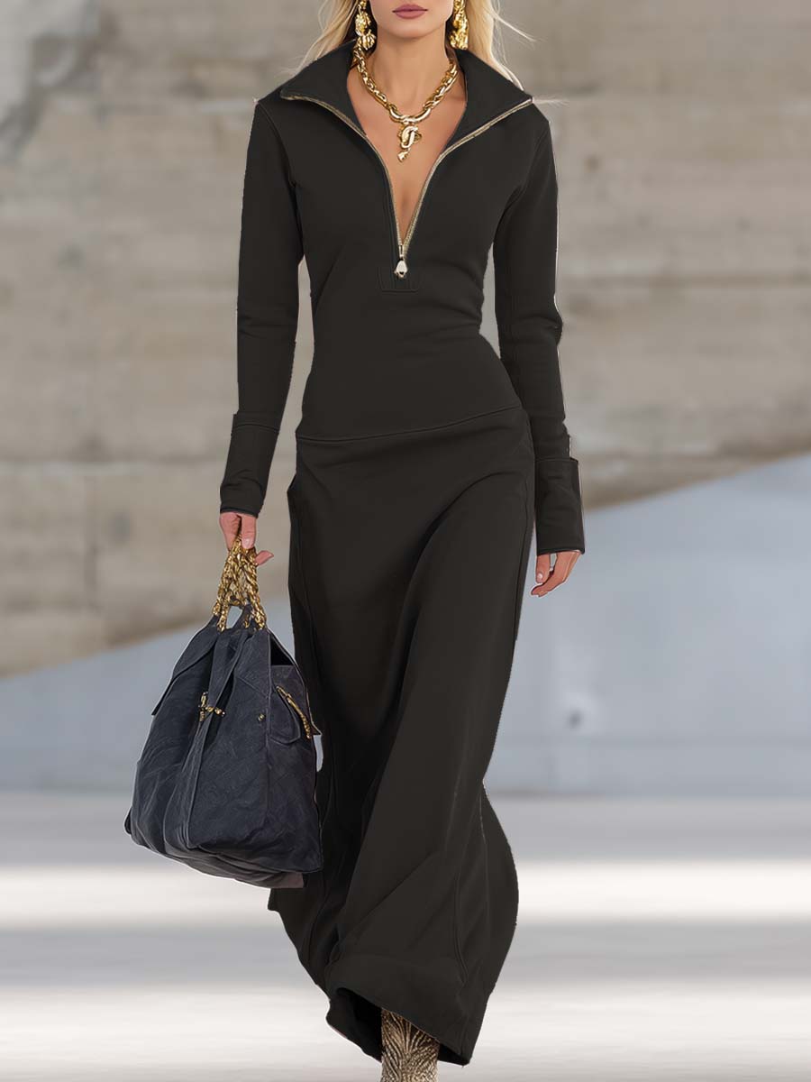 Robe maxi rose à col en V élégante, rétro, sportive, avec fermeture éclair devant et manches longues