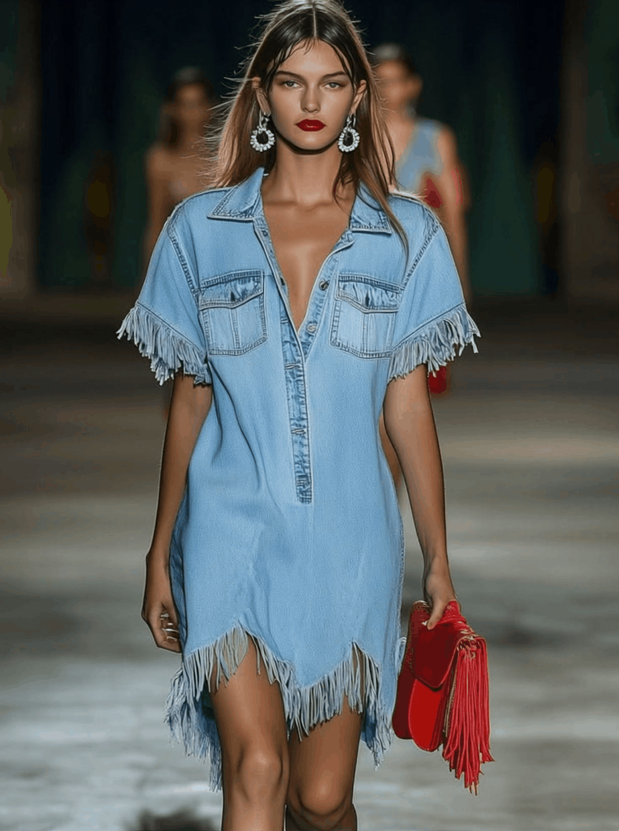 【Livraison en 24 heures】Robe mini en jean vintage décontractée ample à manches courtes avec franges