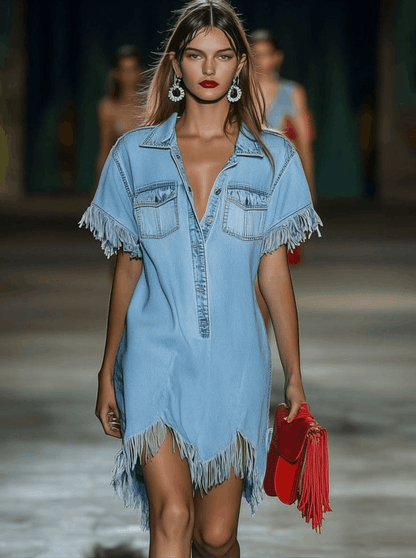 【Livraison en 24 heures】Robe mini en jean vintage décontractée ample à manches courtes avec franges
