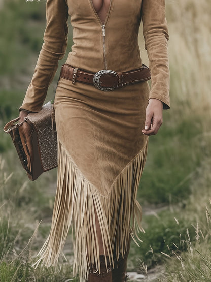 Robe mi-longue à franges, manches longues, fermeture éclair et revers Western rétro