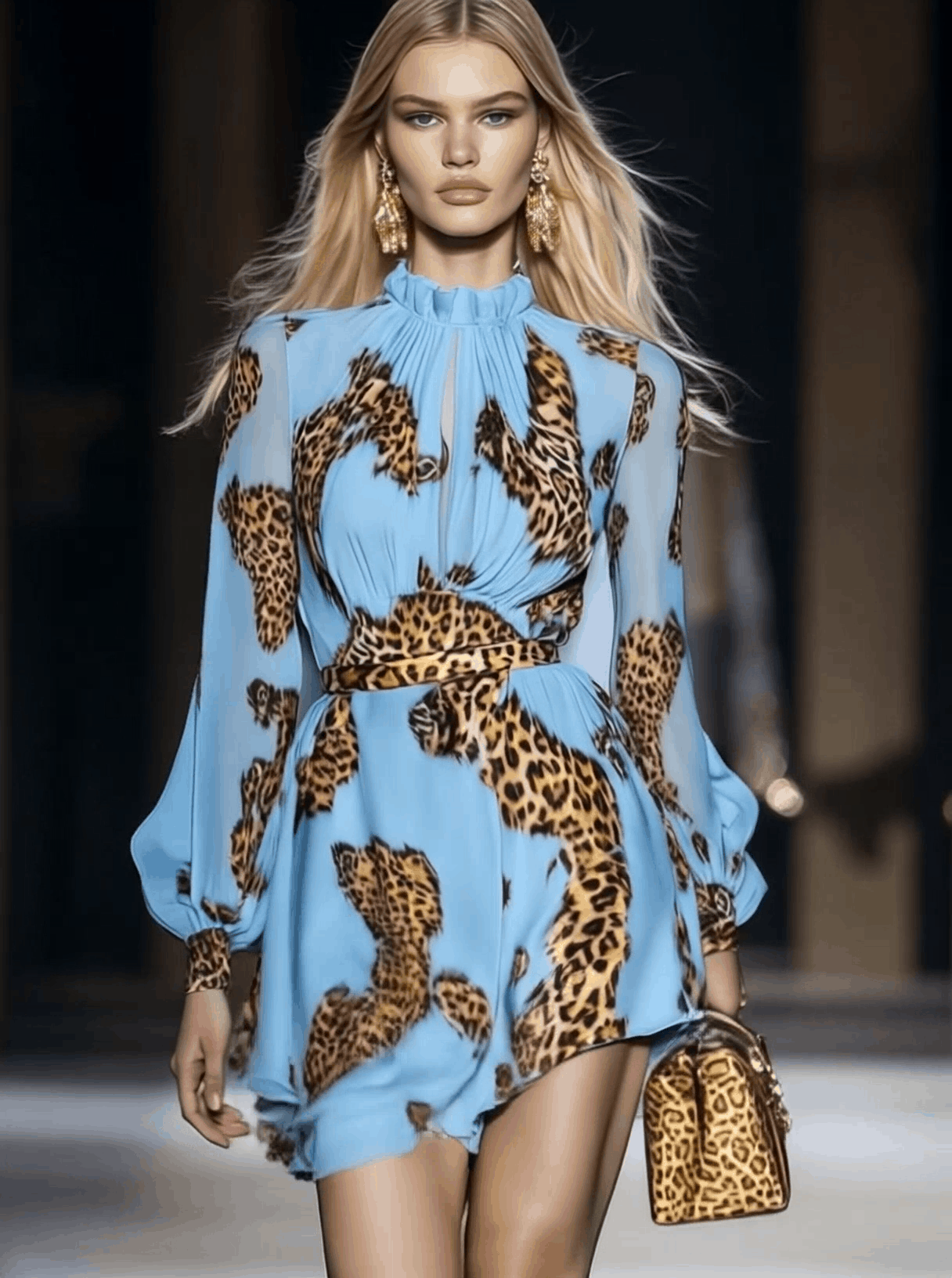 Robe mini en chiffon bleu ciel à imprimé léopard avec personnalité élégante