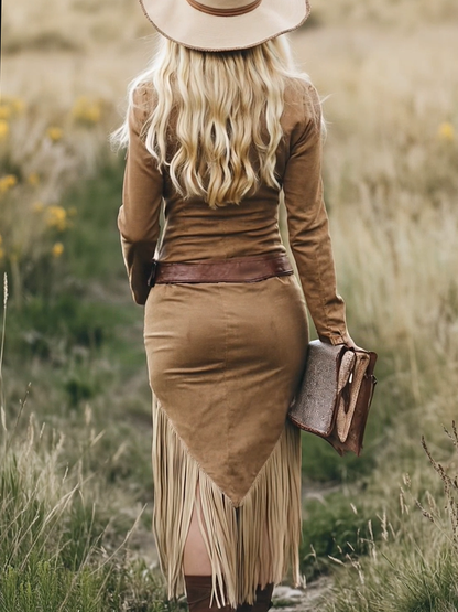 Robe mi-longue à franges, manches longues, fermeture éclair et revers Western rétro